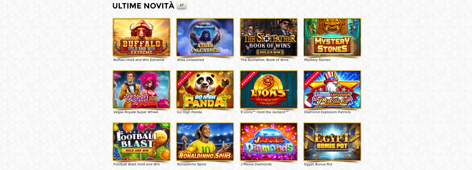 Il banner che presenta una lista delle ultime slot machine disponibili su Unique Casino, con grafiche vivaci e il testo "ULTIME NOVITÀ," invitando i giocatori a scoprire e provare le nuove slot aggiunte alla libreria di giochi del casinò.